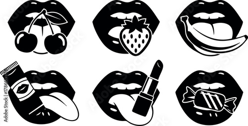 Black lips with cherry strawberry banana lipstick and candy vector illustrations set 