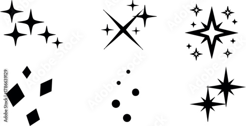 Collection of black sparkle and star shapes vector decorative elements design 