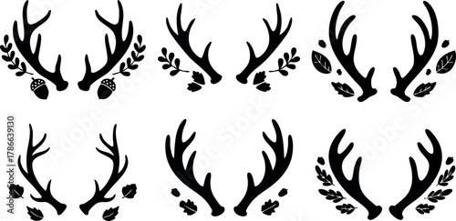 Deer antlers silhouette collection with leaves and pinecones vector set for design 