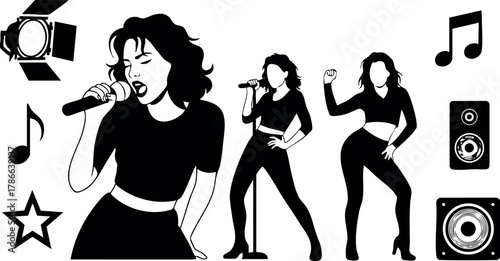 Female singer performing on stage with microphone and music symbols vector illustration 