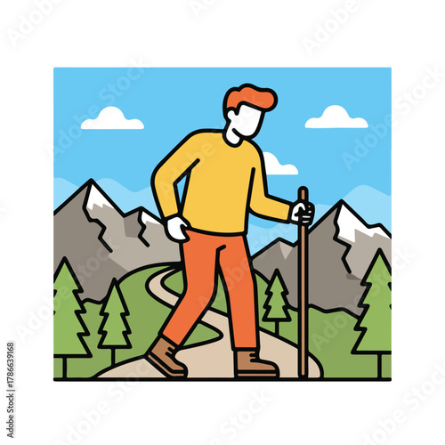 Man Hiking in Mountains with Walking Stick Illustration