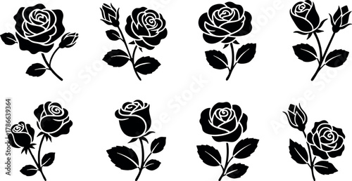 Black Silhouette Rose Flower Vector Set with Leaves and Buds for Design Elements 
