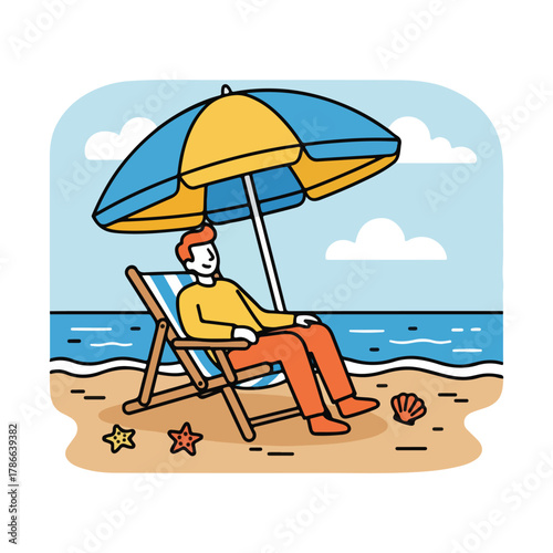 Man Relaxes in Beach Chair Under Umbrella Illustration