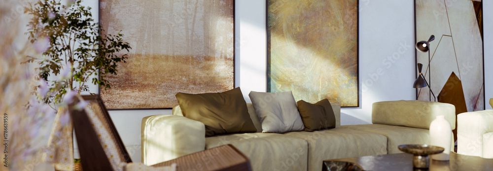 Naklejka premium Large luxury modern bright interiors Living room mockup illustration 3D rendering image