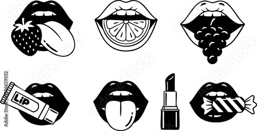 Vector illustration of lips with fruit candy lipstick and tongue and lipstick items black and white 