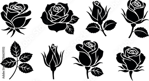 Black silhouette rose flowers and buds vector illustration set natural floral design elements 