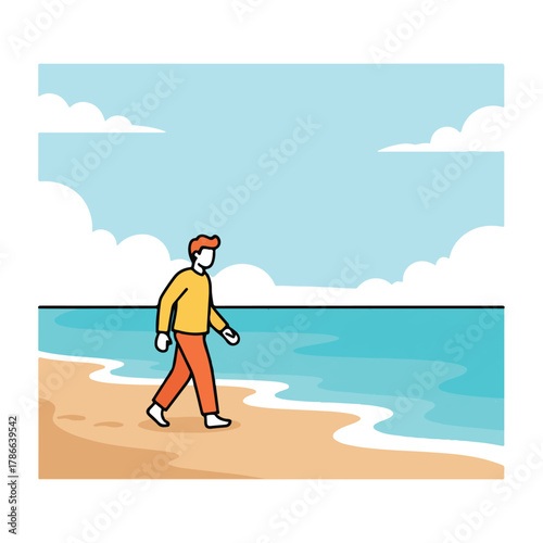 Man Strolling Relaxedly on a Beach Under Cloudy Blue Sky