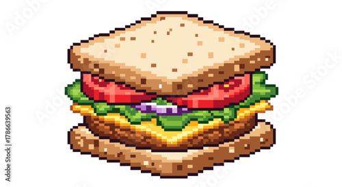Delicious Pixel Art Sandwich with Fresh Ingredients Isolated on Transparent Background for Food Content