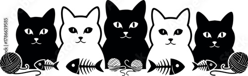 Black and white cats playing with fish bones and yarn balls vector illustration 