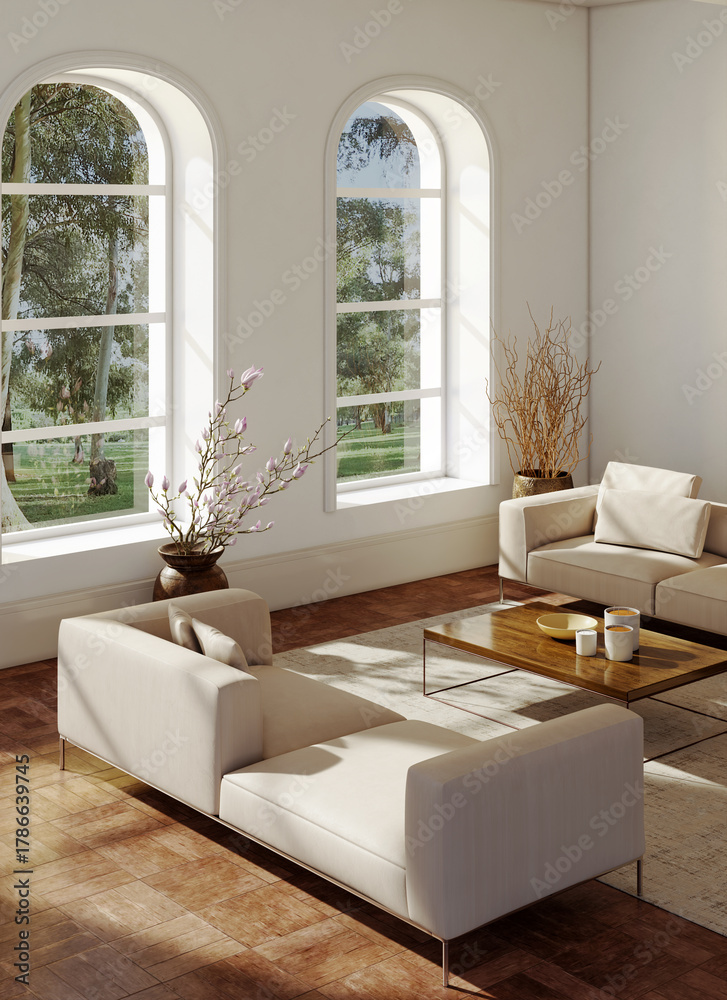 Fototapeta premium Large luxury modern bright interiors Living room mockup illustration 3D rendering image