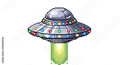 Festive Pixel Art UFO Flying Saucer with Colorful Christmas Lights emitting Beam Isolated on Transparent Background for Holiday Science Fiction Concept