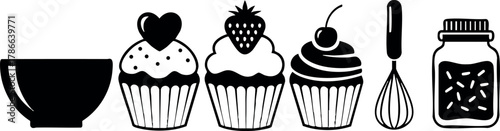 Cupcake and baking utensils set with bowl whisk and jar illustration vector 