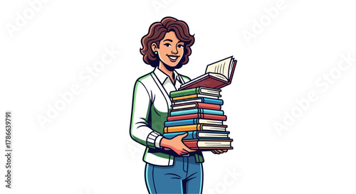 Happy smiling woman holding stack of books isolated on transparent background for learning education and knowledge discovery