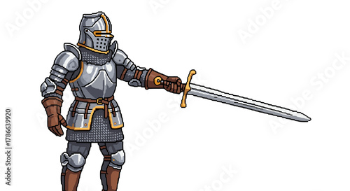 Medieval Knight in Full Metal Armor Holding a Sword Ready for Battle Isolated on Transparent Background