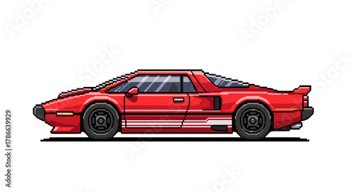 Retro Red Sports Car 80s Pixel Art Style Fast Vehicle Isolated Transparent Background