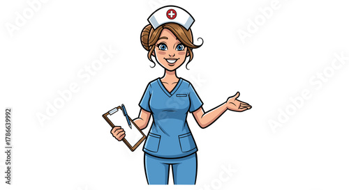 Friendly Cartoon Nurse Character Presenting Medical Information Isolated on Transparent Background