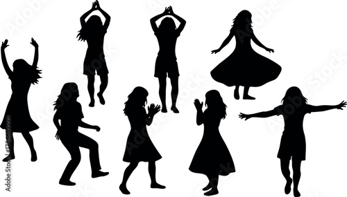 Silhouettes of dancing girls in various joyful poses vector illustration black shapes 