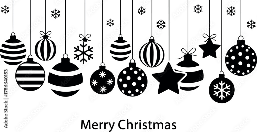 Fototapeta premium Christmas tree ornaments hanging with snowflakes and stars festive decorations vector illustration