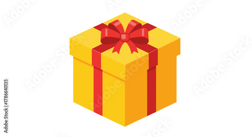 Festive Yellow Gift Box with Red Ribbon Celebration Surprise Present Isolated on Transparent Background Party Decoration