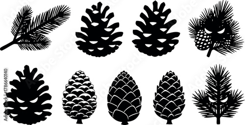 Pine cones and pine needles silhouette vector illustration in black natural elements collection 