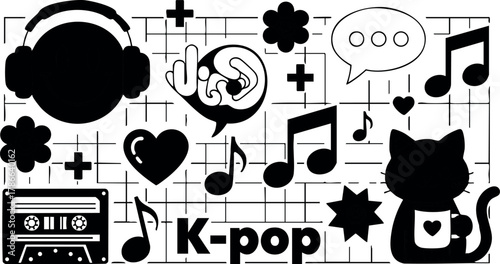 K-pop music icons vector with headphones cat cassette and notes illustration 