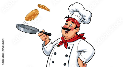 Happy Italian Chef Flipping Pancakes in Frying Pan Isolated on Transparent Background for Breakfast Food Photography