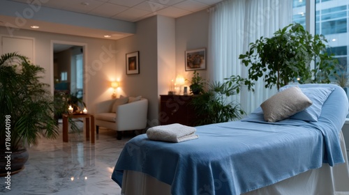 An inviting spa room adorned with plants and soothing lighting, creating a calm atmosphere perfect for relaxation and rejuvenation, ready for a treatment session.