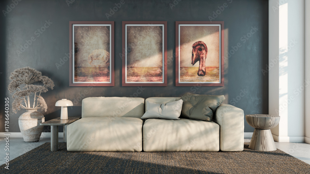 Fototapeta premium Large luxury modern bright interiors Living room mockup illustration 3D rendering image