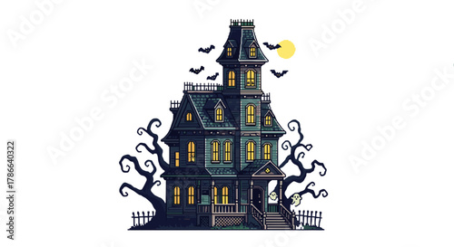 Spooky Haunted Mansion Silhouette with Ghosts Bats and Moon isolated on transparent background perfect for Halloween themes