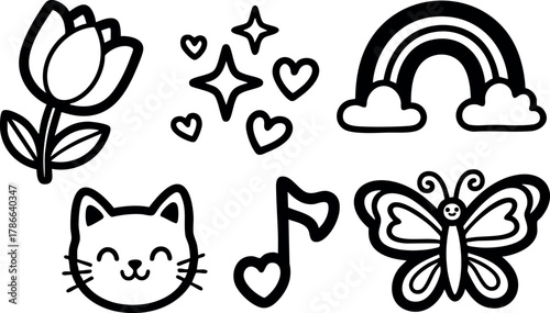 Cute cat tulip butterfly rainbow hearts stars music notes vector illustration 