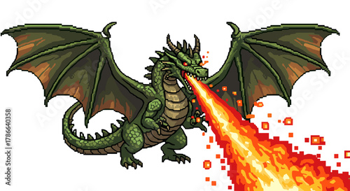 Pixel Art Green Dragon Breathing Fire Fierce Magical Creature Isolated on Transparent Background
