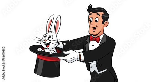Astonishing Illusionist Magician Pulling White Rabbit Out of Top Hat Magical Surprise with Sparkles and Music Notes Isolated on Transparent Background
