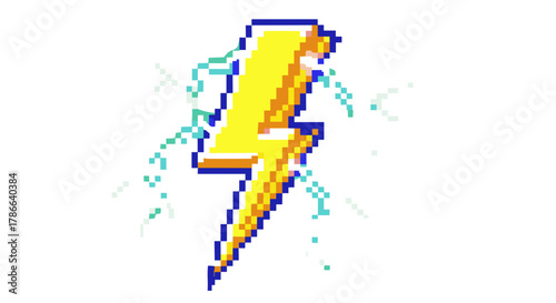 Bright Yellow Pixel Lightning Bolt Symbol Power Energy Shock Electricity Discharge Isolated on Transparent Background