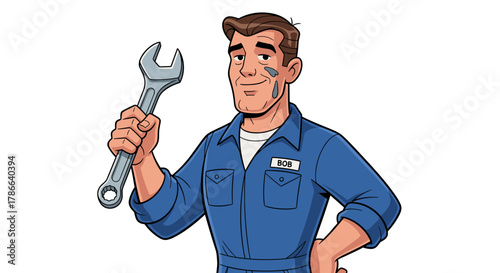 Friendly Mechanic Smiling Holding Wrench Ready for Repair Service Isolated on Transparent Background for Automotive Needs