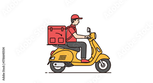 Fast Food Delivery Man Riding Scooter with Red Cooler Box Isolated on Transparent Background Service