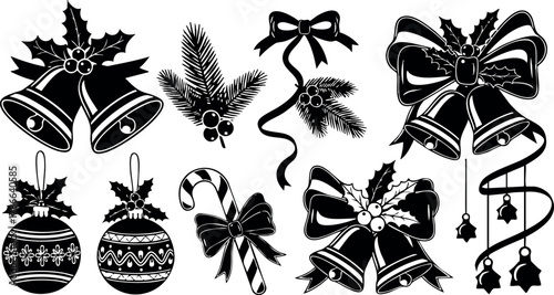 Christmas decoration elements bells ribbons pine branches holly berries vector set 
