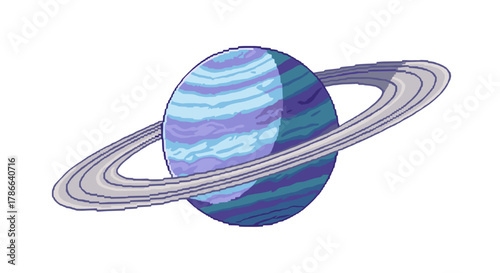 Pixel Art Ringed Planet Cosmic Celestial Body Swirling Blue Purple Hues Isolated on Transparent Background