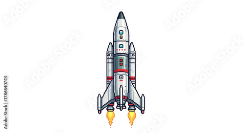 Retro pixel art spaceship blasting off with fiery exhaust flames launching into the cosmos isolated on transparent background