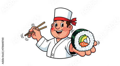 Happy Chef Character Holding Fresh Sushi Roll with Chopsticks Offering Delicious Japanese Cuisine Isolated on Transparent Background