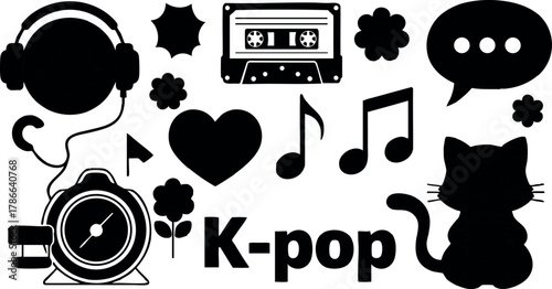 K-pop music icons headphones cassette tape cat heart musical notes vector illustration 