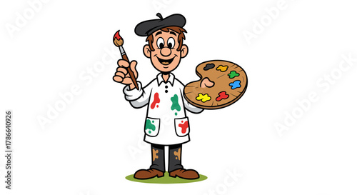 Happy Cartoon Artist Man Holding Brush and Palette Cheerful Creative Hobby Isolated on Transparent Background