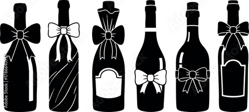 Wine bottles with bow ribbons vector illustration in black silhouette style for celebration and decoration 