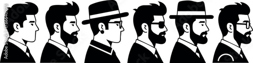 Male profile hairstyles and beard styles vector illustration in black and white silhouette 