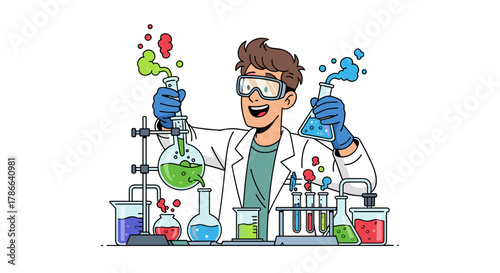 Excited Scientist Conducting Colorful Chemical Experiments in Laboratory Setup Isolated on Transparent Background