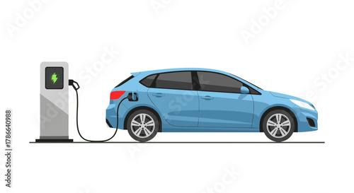 Blue Electric Car Charging at Green Energy Station Isolated on Transparent Background