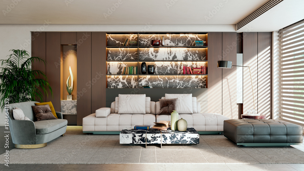 Fototapeta premium Large luxury modern bright interiors Living room mockup illustration 3D rendering image