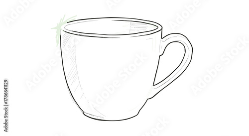 Empty White Ceramic Coffee Cup Drawing with Handle Isolated on Transparent Background for Morning Drink
