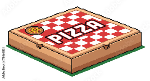 Retro Pixel Art Pizza Box with Classic Red and White Checkerboard Top Isolated on Transparent Background