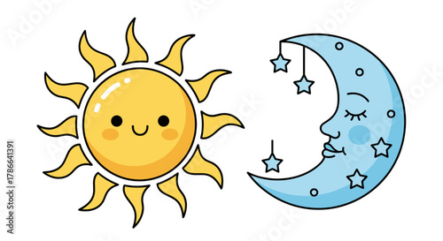 Cute happy sun and sleeping crescent moon with stars isolated on transparent background representing day and night cycle