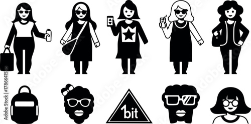 Diverse young women with backpacks and sunglasses vector illustration in black and white 